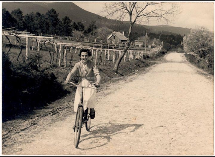 Carmen Lorenzo Doval nun paseo en bicicleta pola estrada de Mosende a Tui. / Autor descoñecido [1955] / PROCEDENCIA: Recollida Mosende. Album familiar de Isolina Lorenzo Doval
